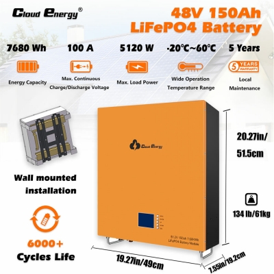 [US Direct] Cloudenergy 48V 150Ah LiFePO4 Battery Wall Mounted Lithium Deep Cycle Battery Pack 7680Wh 5120W Energy 6000+ Life Cycles Built-in 100A BMS, for RV, Solar, Marine, Overland, Off-Grid CL48-1 [1994273]