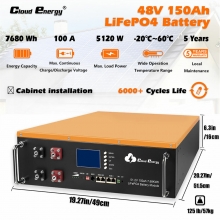 [US Direct] Cloudenergy 48V 150Ah Cabinet Type Lithium LiFePO4 Deep Cycle Battery Pack 7680Wh 5120W Energy 6000+ Life Cycles Built-in 100A BMS for RV, Solar, Marine, Overland, Off-Grid CL48-150A