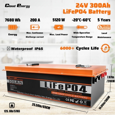 [US Direct] Cloudenergy 24V 300Ah LiFePO4 Battery Pack Backup Power 7680Wh 2560W Energy 6000+ Cycles Built-in 200A BMS Support in Series/Parallel, Perfect for Replacing Most of Backup Power, RV, Boats [1994254]