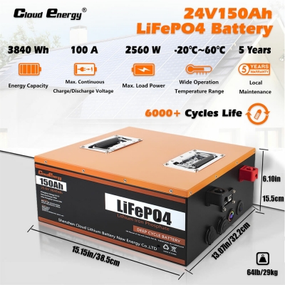 [US Direct] Cloudenergy 24V 150Ah LiFePO4 Battery 3840Wh 2560W Built-in 100A BMS 6000+ cycles 10 Years Service Life with Class A LiFePO4 Cells Perfect for Motorhome, Camper, Energy Storage, Van, Off-g [1994255]