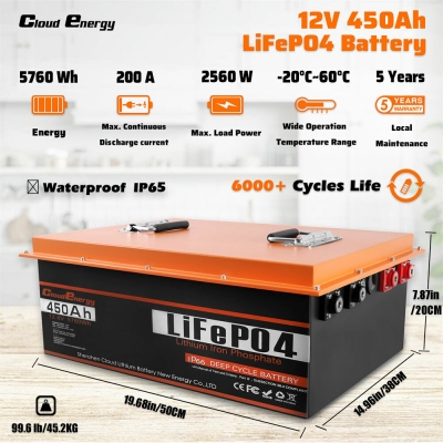 [US Direct] Cloudenergy 12V 450Ah LiFePO4 Battery Pack Backup Power 5760Wh 2560W Energy 6000+ Cycles Built-in 200A BMS, Support in Series/Parallel, Perfect for Replacing Most of Backup Power, RV, Boat [1994257]